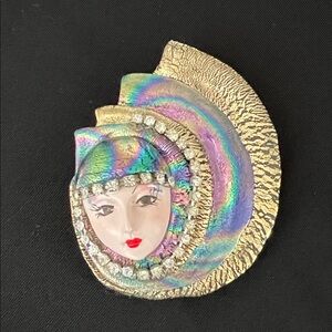 Iridescent Gold Masquerade Face Brooch - Women Jewelry